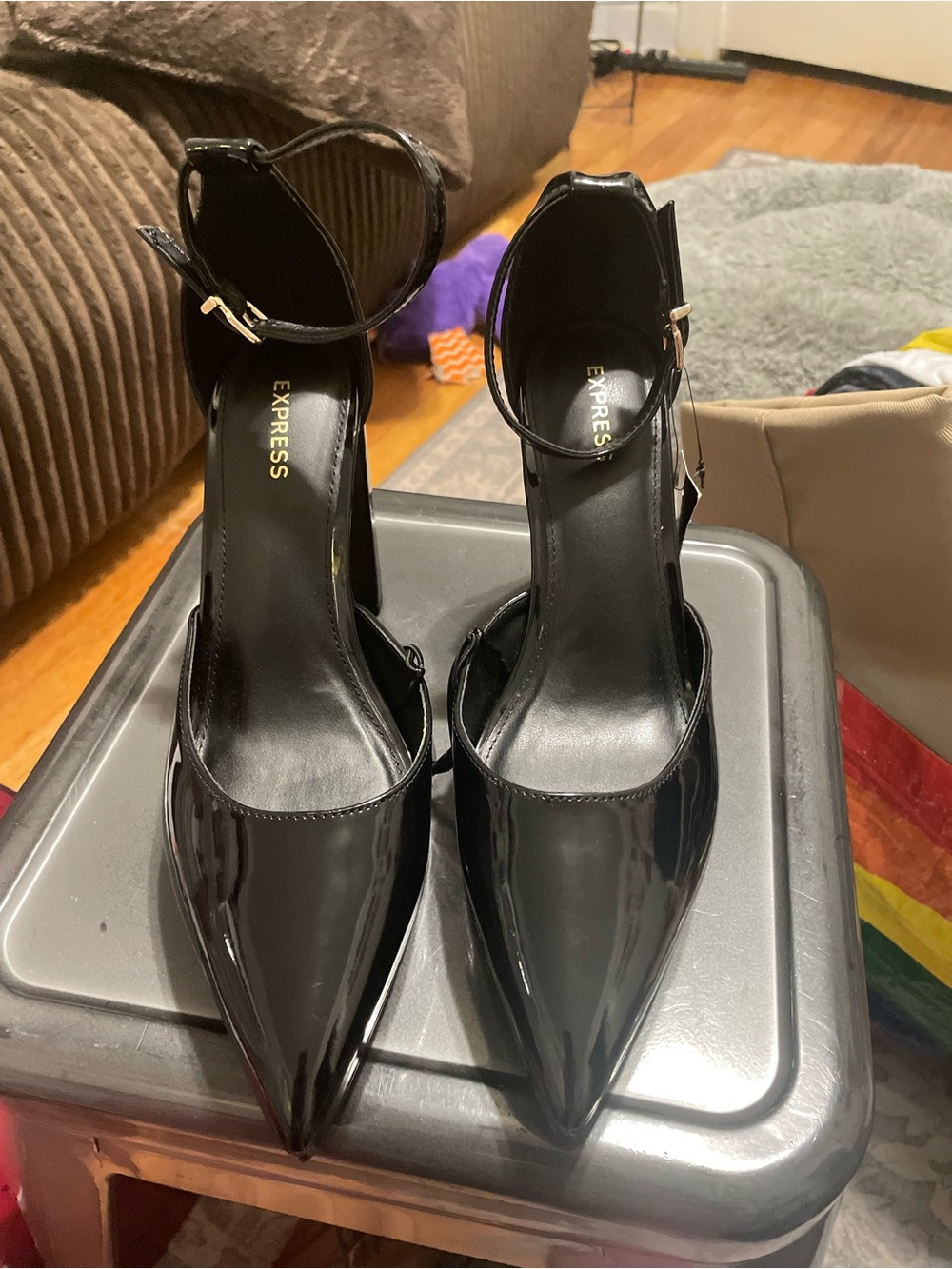 Express Black Patent Pointed Toe Ankle-Strap Heels